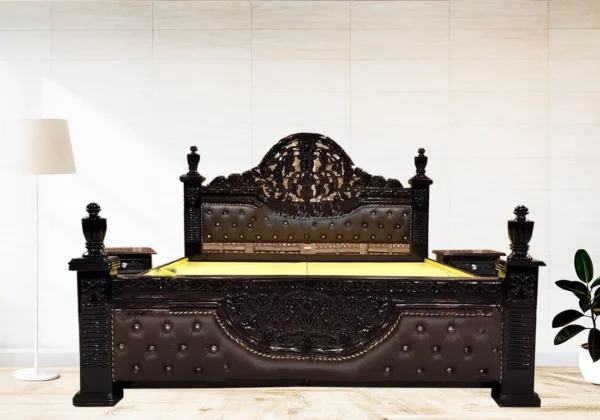 Finely Carved Designer Wooden King Bed Set - Image 2