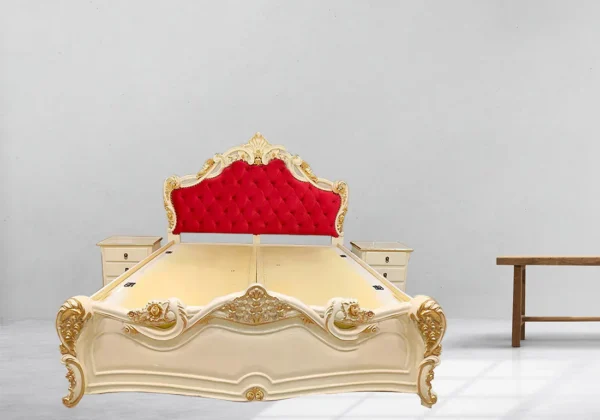 Teak Wood Bed in Off-White with Golden Accents - Image 2