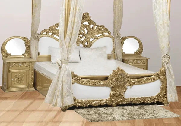 Luxurious Gold Polished Wooden Bed Set - Image 2