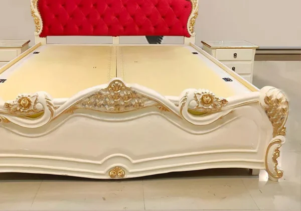 Teak Wood Bed in Off-White with Golden Accents - Image 3